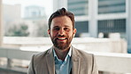 Face, smile and business man in city, real estate agent and urban realtor laughing. Portrait, outdoor and confident corporate professional, happy worker and investment property advisor in Canada