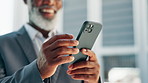 Happy, city and hands of businessman with phone for social networking, connection and contact. Professional, corporate and mature person in town on smartphone laugh for message, website and internet