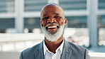 Face, business and black man in city, funny and happiness with corporate professional. Mature person, employee and financial consultant in street, humor and joke with laughing, smile or confidence