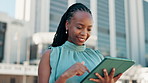 Black woman, tablet and typing in city, happy and research for real estate company with notes, feedback or sale. Person, smile and touchscreen with scroll, app and contact for urban property agency