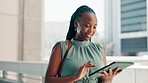 City, black woman and developer with tablet for research, market information and online for review. Walking, female person and real estate agent with digital for business, property listing and scroll