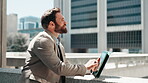City, businessman and thinking with tablet for research, market information and realtor for review. Career, male person and real estate agent with digital for application, property listing and ideas