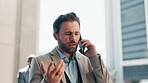 Phone call, walking and business man in city for appointment, meeting and networking. Professional commute, corporate and person on smartphone for contact, online discussion and communication in town