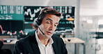 Computer, trading broker and man with headset for client portfolio management and financial advice. Call center, stocks advisor and customer service for market insight, deal negotiation or assistance