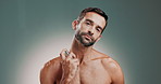 Man, perfume and spray on neck for beauty, wellness or luxury fragrance for face cosmetics. Hygiene, grooming and fresh cologne for aesthetic, aroma and odor prevention product on studio background