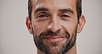 Face, man and smile for skincare in studio of facial glow, natural cosmetics and dermatology results. Portrait, male person and happy for grooming routine, self care and treatment on white background