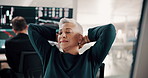 Computer, relax and stock market with mature woman in office for satisfaction or success. Done, rest or smile and happy trading broker with hands behind head in finance workplace for portfolio goals