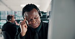 Computer, stock market trading and stress with black man in office for burnout or headache as consultant. Communication, finance and headset with broker or trader in workplace for financial support