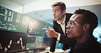Businessmen, discussion or screen with stock market for investment decision or choice at office. Male people, traders or brokers with graphs or charts for financial growth, trading or online exchange