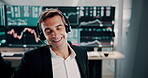 Call centre, smile and man with headset, talking and financial advice for investment strategy or stock market. Joy, representative and communication for trading tips, info or business person at night