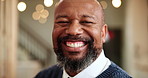 Business, man and face with laughing in office for hospitality joke, friendly concierge or hotel management. Manager, lobby and mature black person for luxury accommodation, funny or check in service
