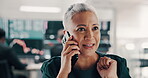 Trading, stock broker and woman with phone call at computer for investment advice and market insight. Discussion, mature person and consulting client for portfolio management and deal negotiation