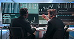 Men, graphs and computer screen for trading, advice and headset with stats, analysis and problem solving. People, partner and monitor for charts, stock market and discussion at investment agency