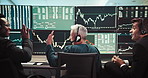 Happy, business people and screen with high five for stock market investment or profit at call center. Back, brokers or excited agents with smile, chart or graphs for winning, teamwork or increase