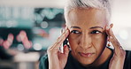 Mature woman, headache and stress with stock market crash for bad investment, bankruptcy or debt. Frustrated, female person or migraine with anxiety for financial crisis, exchange risk or volatility