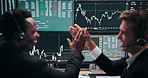 Men, high five and computer screen for trading, success and headset with stats, analysis and goals. People, partner and monitor for charts, trading and profit with celebration at investment agency