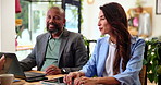 Cafe, meeting and business people with discussion, b2b networking or collaboration interview. Human resources, teamwork and coffee shop communication with technology for remote work project ideas
