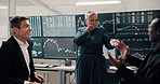 Business people, finance and team laugh with manager for funny trading joke by computer screen. Data discussion, meeting and investment planning, analysis idea or stock market performance in office