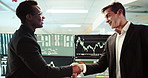 Handshake, computer and business men in office for trading profit, revenue or dividend deal. Agreement, charts and male financial investor with manager shaking hands for investment opportunity.