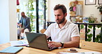 Business, man and typing on laptop in cafe for email communication, online report and planning. Entrepreneur, customer and technology in coffee shop for remote work, startup proposal and web research