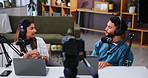 Home, talk show or couple with mic for podcast, live recording or online streaming in studio. News broadcast, relationship coach or influencer with advice for marriage channel, radio or audio message