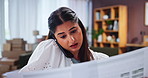 Woman, talk and phone call for document of logistics management, planning and distribution services. Person, mobile and communication with paperwork for stock quote, delivery invoice and startup chat