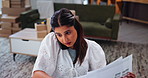 Phone call, entrepreneur and woman with documents, home and communication with supplier or serious. Multitasking, planning and person with tech for logistics, boxes or conversation for small business