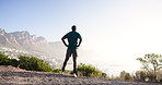 Thinking, fitness and back of man on mountain with scenic view for wellness, health and relax in nature. Sports, athlete and person resting for exercise, marathon training and workout in morning