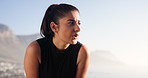 Breathe, exercise and woman in morning in nature for fitness, marathon training and workout outdoors. Sports, mountain and person for rest, recovery and sweat for performance, health and running