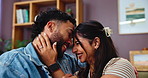 Love, couple and forehead touch in home for support, trust and talking with partner to relax. Romance, happy woman and man on sofa for marriage, connection and commitment for strong relationship