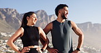 Fitness, mountain and couple rest for exercise, marathon training and workout together in nature. Sports, runner and happy man and woman talking for wellness, performance and health in morning