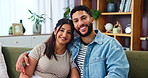 Face, happy couple hug and support in house for love, trust or bonding together with partner in portrait. Romance, woman and man embrace on sofa for marriage, connection or commitment in relationship