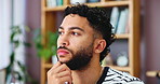 Mistake, stress and thinking with man on sofa in living room of home for concern or worry. Anxiety, breathing and nervous with thoughtful person in apartment for failure, problem solving or regret