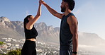 Fitness, mountain and couple with smart watch for workout, training and exercise together. Sports, running and man and woman check health tracking app for wellness, performance and health in morning