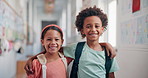 Education, youth and face of friends at school for learning, knowledge and future. Child development program, studying and growth with kids in hallway of Stem academy for students, classroom or smile