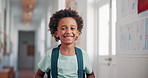 Education, smile and face of boy at school for learning, knowledge and future. Child development program, studying and growth with african kid in Stem academy for students, classroom and youth