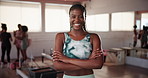 Smile, face or woman with arms crossed in pilates class for exercise, posture training or body. Portrait, happy instructor or girl in yoga session for fitness support, health or wellness in studio