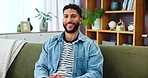 Face, man and relax with smile at house for weekend break, calm morning and peace in living room. Portrait, happy and male person with rest of wellness, self care and stress free of comfort in lounge