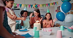 Kids, clapping and cake for birthday party at school with teacher, excited friends or students. Children, food or happy people applause at celebration, congratulations or cheers at event in classroom