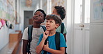 School, students and children walk in hallway with backpack, excited for learning and education. Thinking, fun and knowledge with happy, friends and together outside classroom for lesson and growth