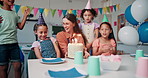 Birthday party, cake and teacher with children in classroom for celebration, friends and support. Academy, students and happiness with group of kids and woman at school for dessert, event and care