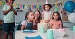 Birthday cake, candles and teacher with children in classroom for celebration, friends and party. Academy, students and happiness with group of kids and woman at school for dessert, event and care