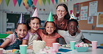 Face, kids and hug at birthday party with teacher, friends students with group together at school. Smile, children and cake at celebration, special event and embrace at social gathering in classroom