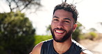 Fitness, face and man with break outdoor for marathon competition, cardio challenge and workout. Male athlete, runner or happy in nature with relax, wellness exercise and morning jog for healthy body