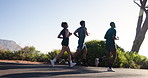 Fitness, mountain road and friends running for workout, exercise and marathon training together. Sports, runner team and men and women for wellness, health and performance for challenge outdoors