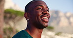 Running, exercise and black man on mountain with view for wellness, health and relax in nature. Sports, thinking and person rest, happy and smile for training, marathon fitness and workout in morning