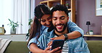 Couple, smartphone and laugh on sofa with smile, social media and funny gossip story in home. Woman, man and phone in living room for storytelling, comedy and celebrity news in timeline on internet