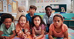 Funny face, education and youth with students in classroom for future, comic and diversity. Learning, academy and knowledge with group of kids at school for goofy, friends and happiness together