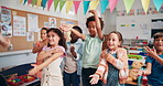 Dance, education and music with group of students in classroom for motor skills development. Happy, fun or mobility with boys and girls at school together for academic growth, rhythm or scholarship