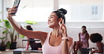 Happy woman, gym and peace sign with selfie for memory, picture or photography at health club. Female person, athlete or influencer with smile or emoji for capture moment, fitness or social media